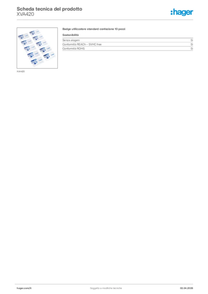 Immagine Hager Scheda tecnica del prodotto XVA420 | Hager Italia