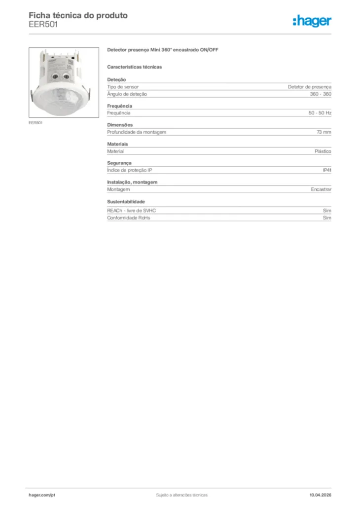 Imagem Hager Ficha técnica do produto EER501 | Hager Portugal