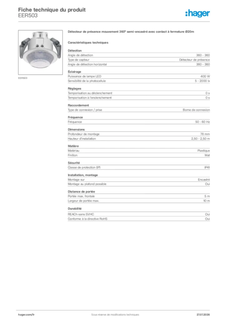Image Hager Fiche technique du produit EER503 | Hager France