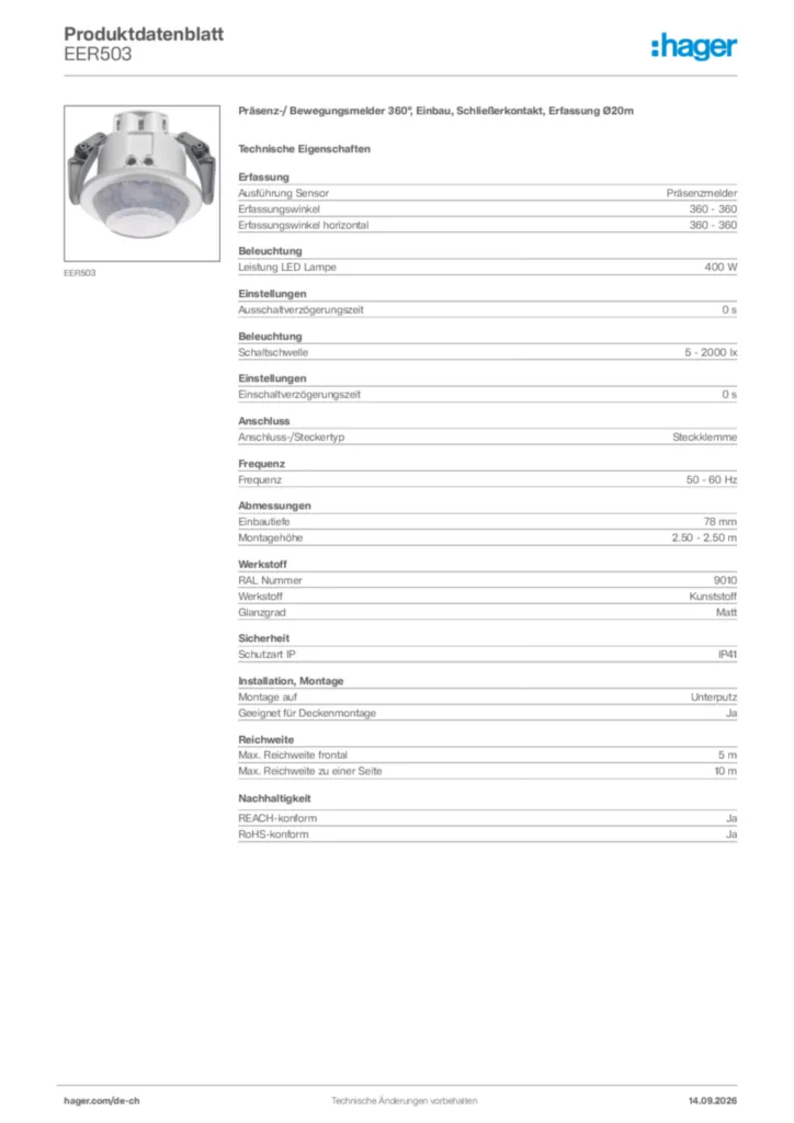 Bild Hager Produktdatenblatt EER503 | Hager Schweiz