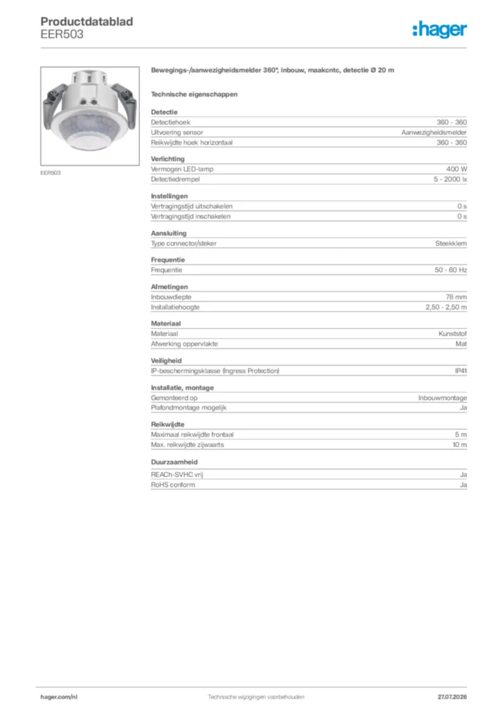 Afbeelding Hager Productdatablad EER503 | Hager Nederland