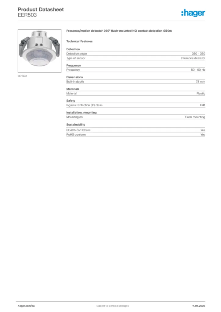 Image Hager Product data sheet EER503  | Hager Australia
