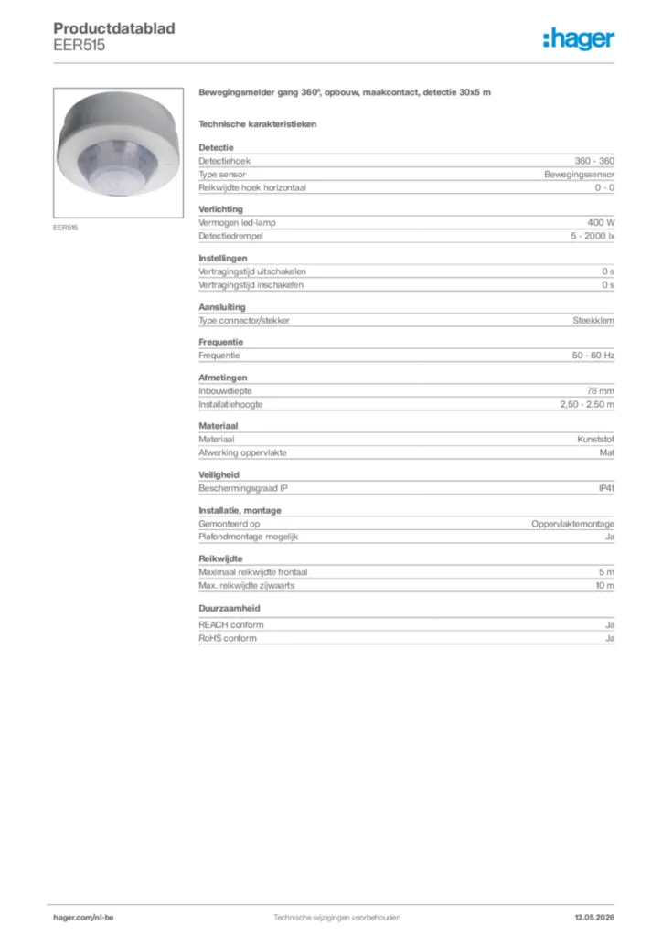 Afbeelding Hager Productdatablad EER515 | Hager Belgium