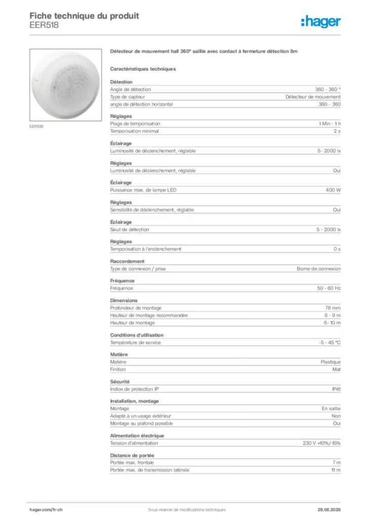 Image Hager Fiche technique du produit EER518 | Hager Suisse