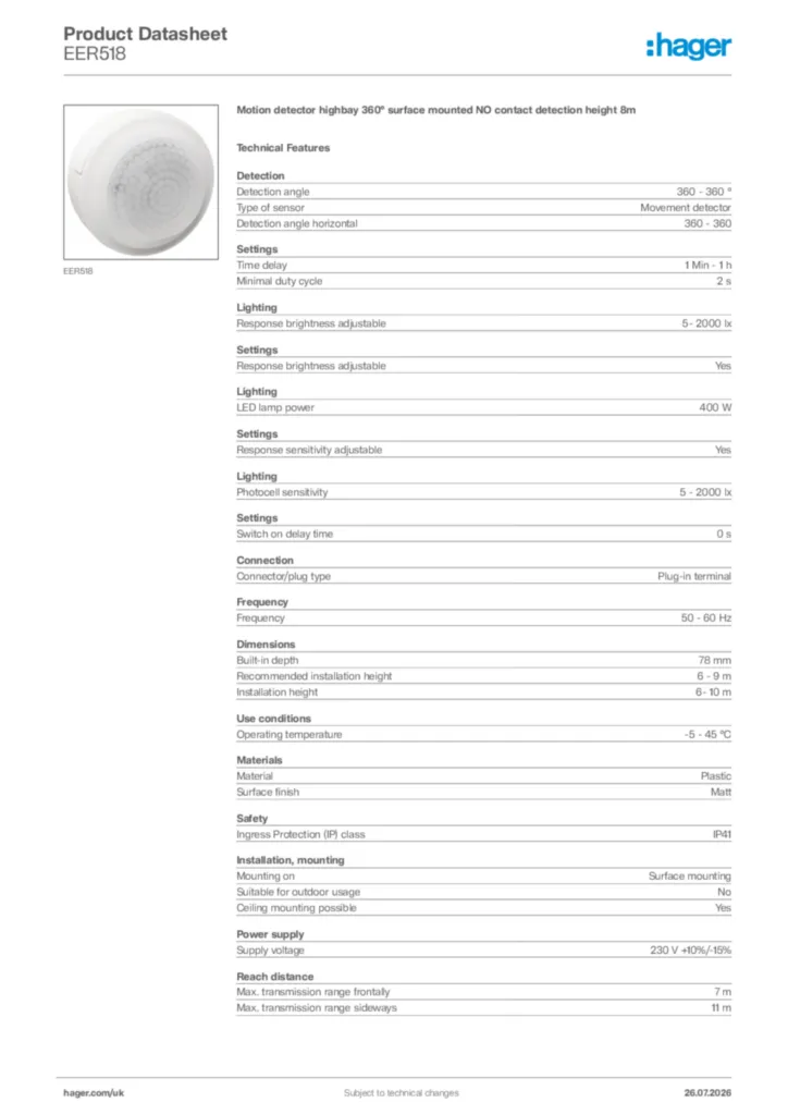 Image Hager Product data sheet EER518  | Hager