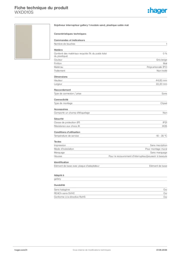 Image Hager Fiche technique du produit WXD010S | Hager France