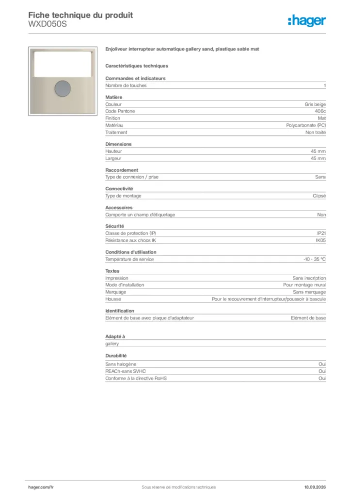 Image Hager Fiche technique du produit WXD050S | Hager France