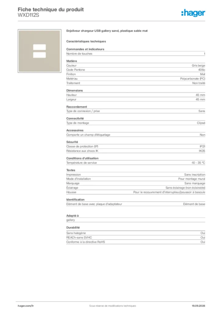 Image Hager Fiche technique du produit WXD112S | Hager France