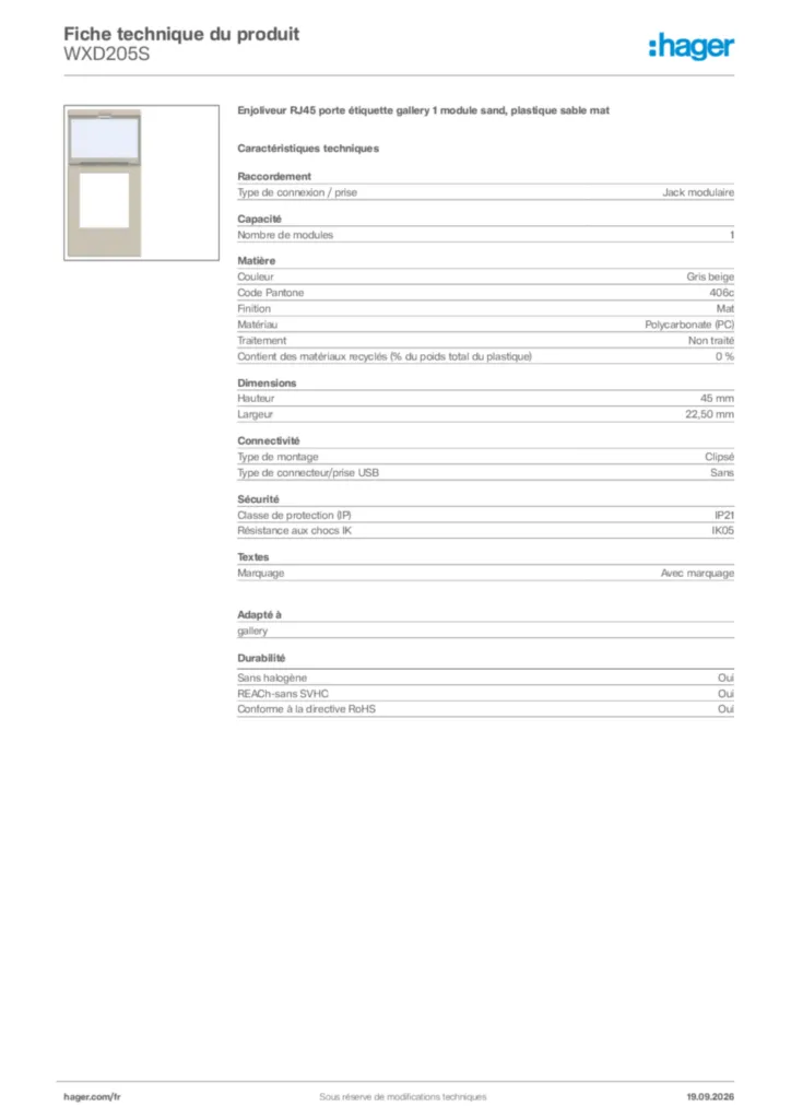 Image Hager Fiche technique du produit WXD205S | Hager France