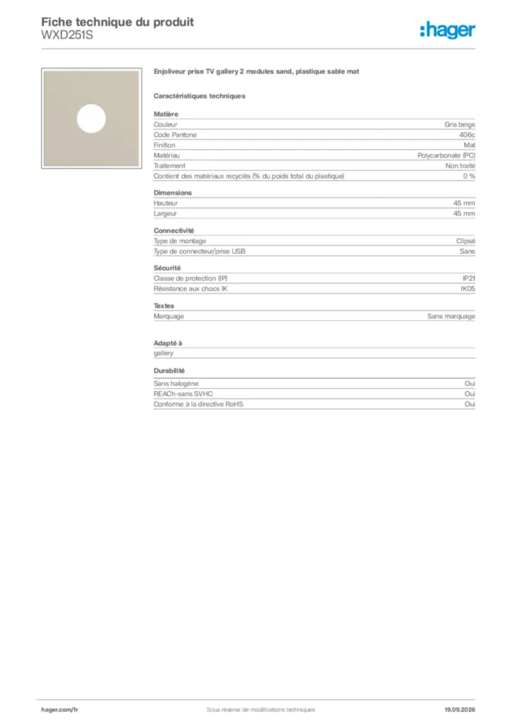 Image Hager Fiche technique du produit WXD251S | Hager France