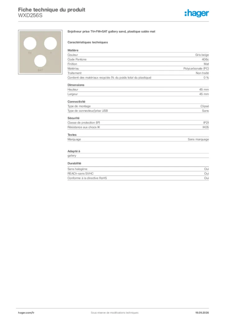 Image Hager Fiche technique du produit WXD256S | Hager France