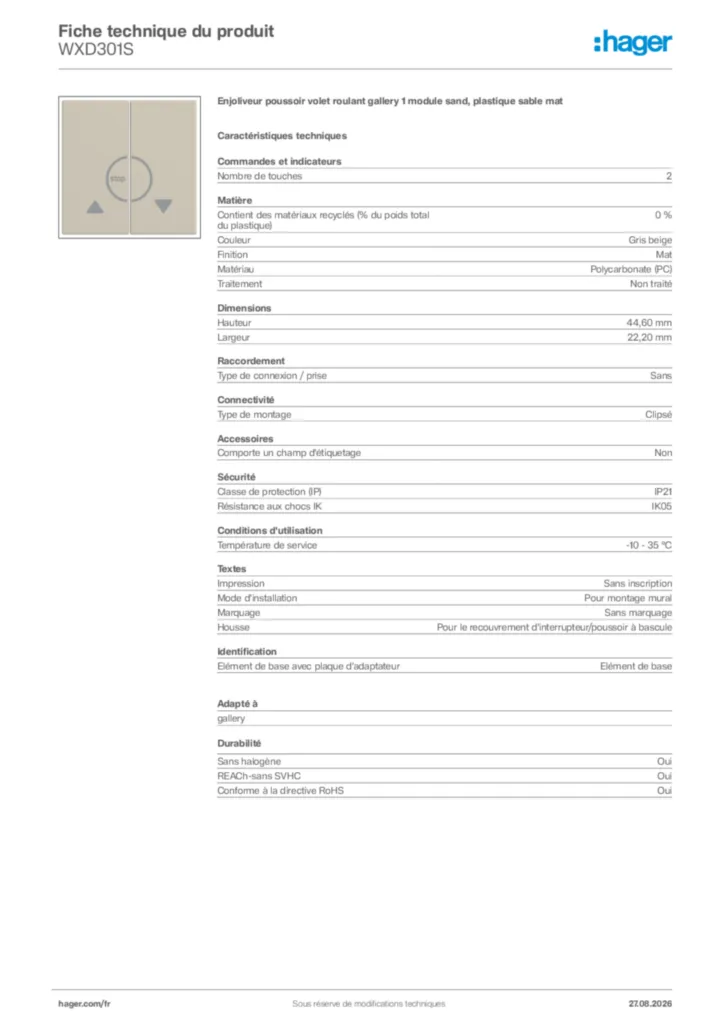 Image Hager Fiche technique du produit WXD301S | Hager France