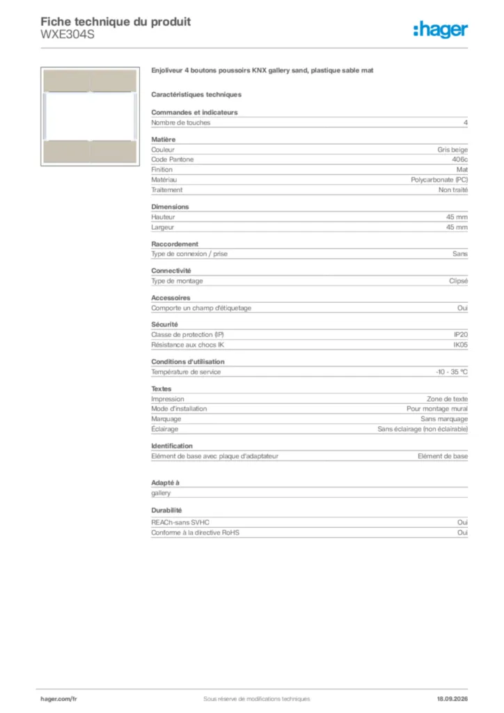 Image Hager Fiche technique du produit WXE304S | Hager France