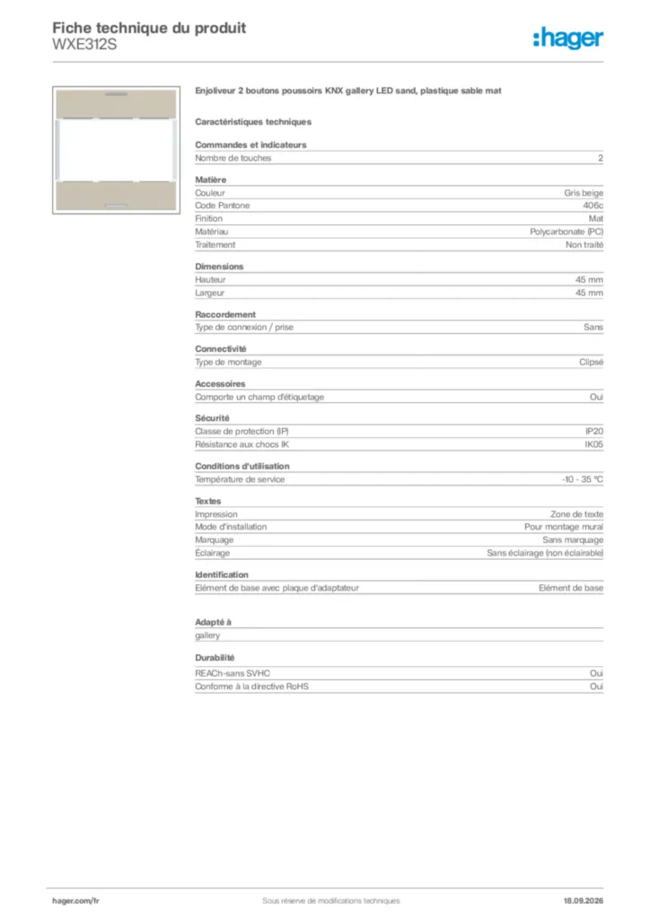 Image Hager Fiche technique du produit WXE312S | Hager France