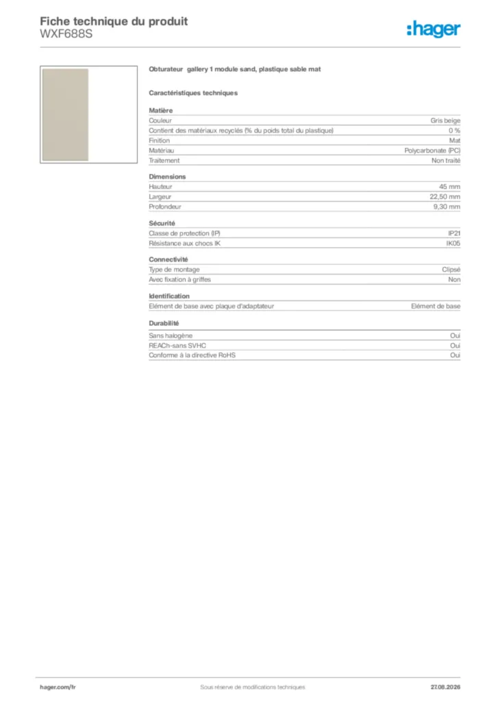Image Hager Fiche technique du produit WXF688S | Hager France