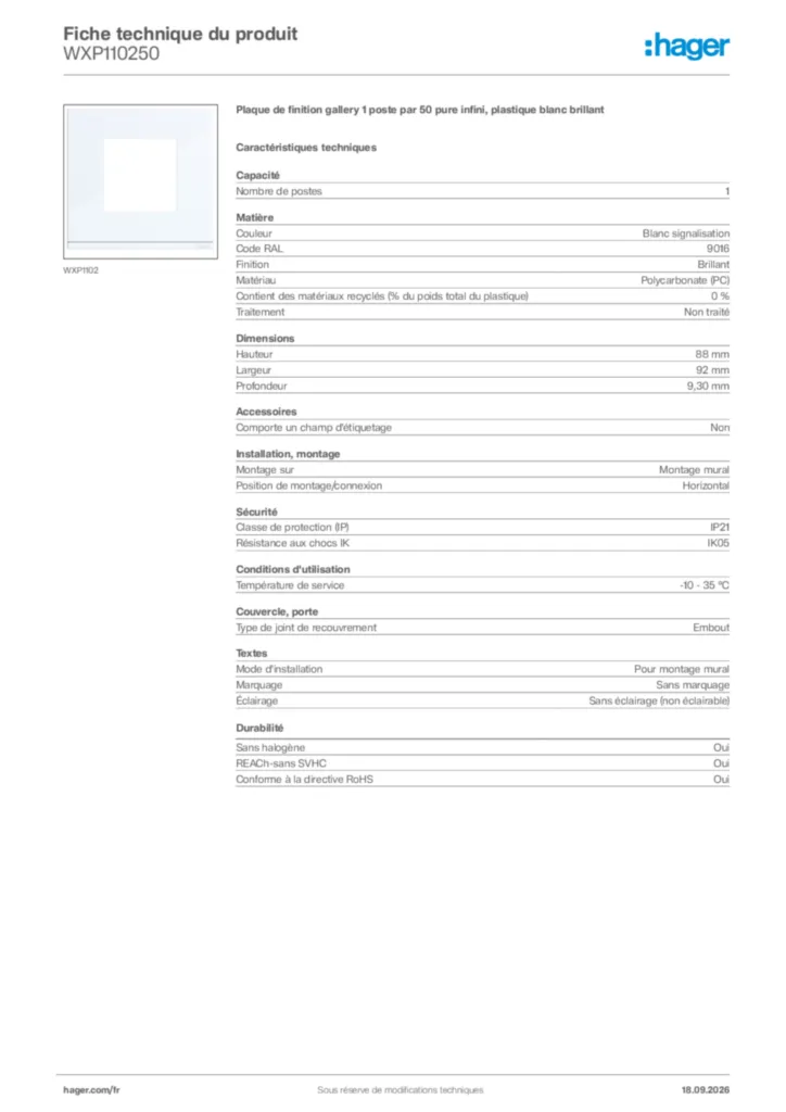 Image Hager Fiche technique du produit WXP110250 | Hager France