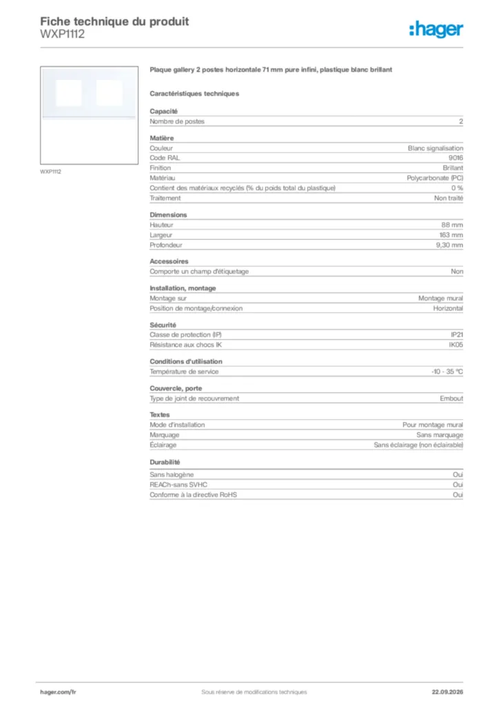 Image Hager Fiche technique du produit WXP1112 | Hager France