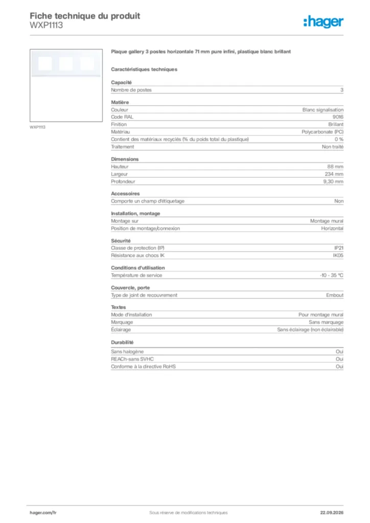 Image Hager Fiche technique du produit WXP1113 | Hager France