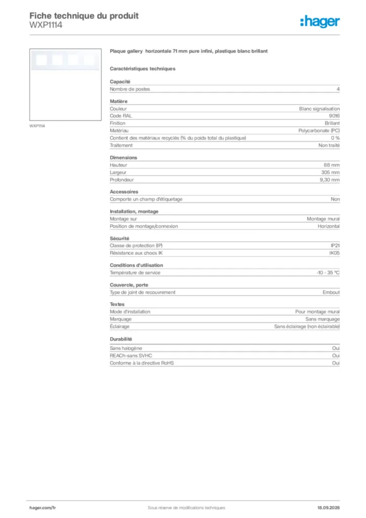 Image Hager Fiche technique du produit WXP1114 | Hager France