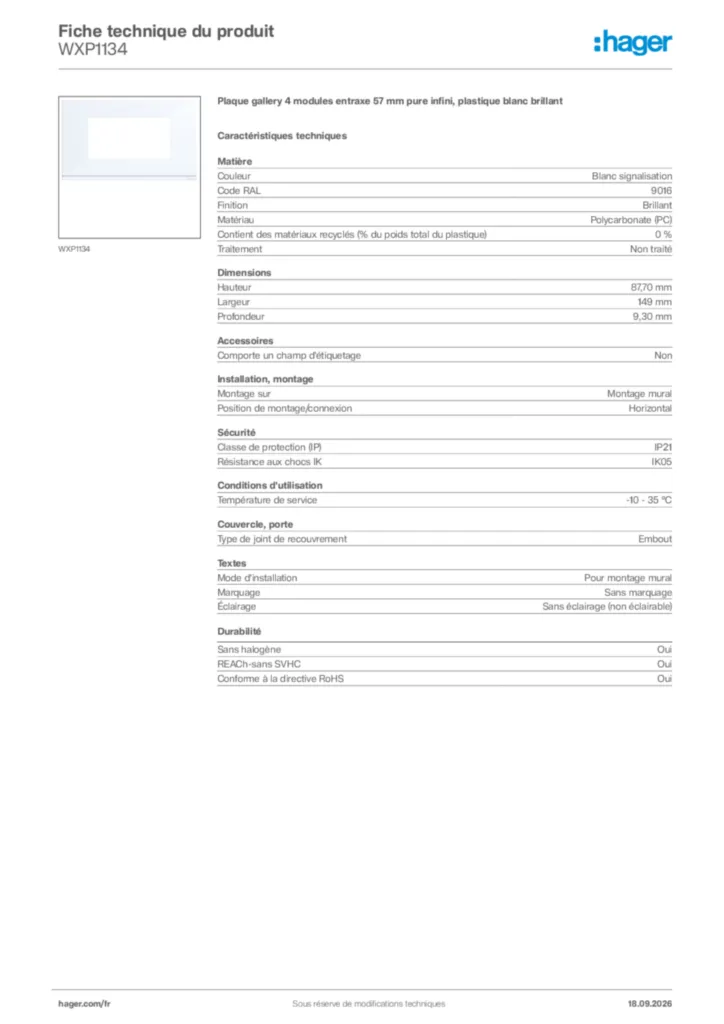 Image Hager Fiche technique du produit WXP1134 | Hager France