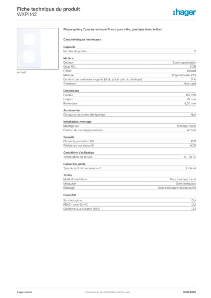 Image Hager Fiche technique du produit WXP1142 | Hager France