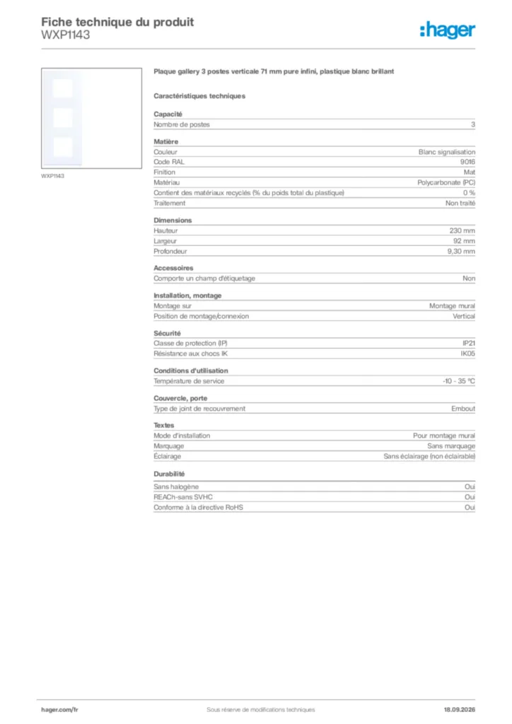 Image Hager Fiche technique du produit WXP1143 | Hager France