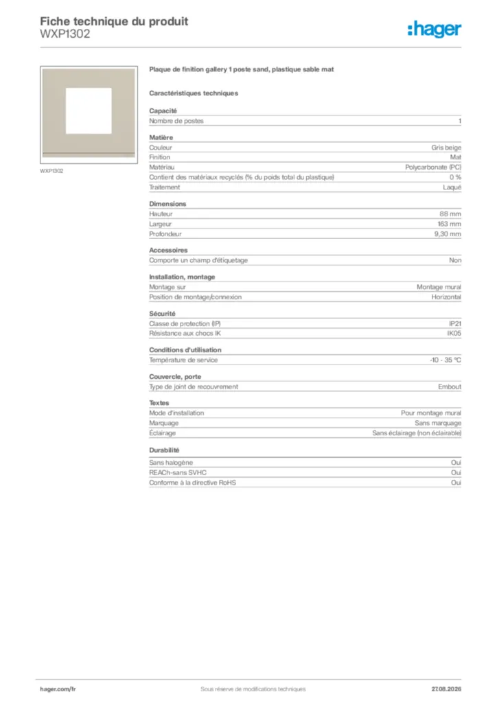 Image Hager Fiche technique du produit WXP1302 | Hager France