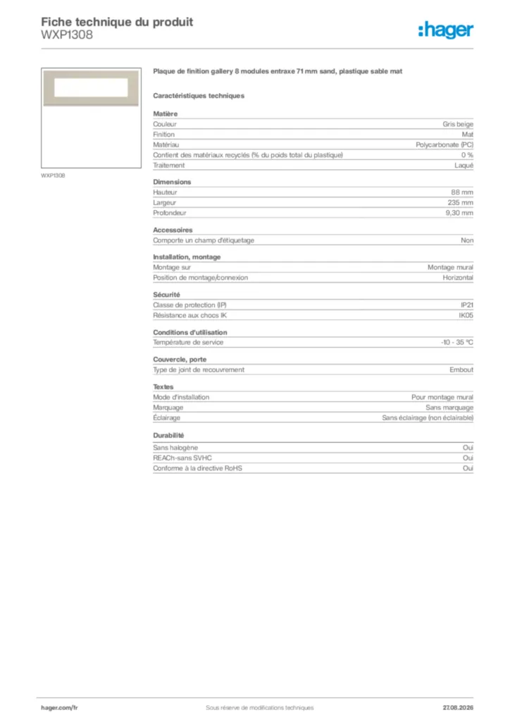 Image Hager Fiche technique du produit WXP1308 | Hager France