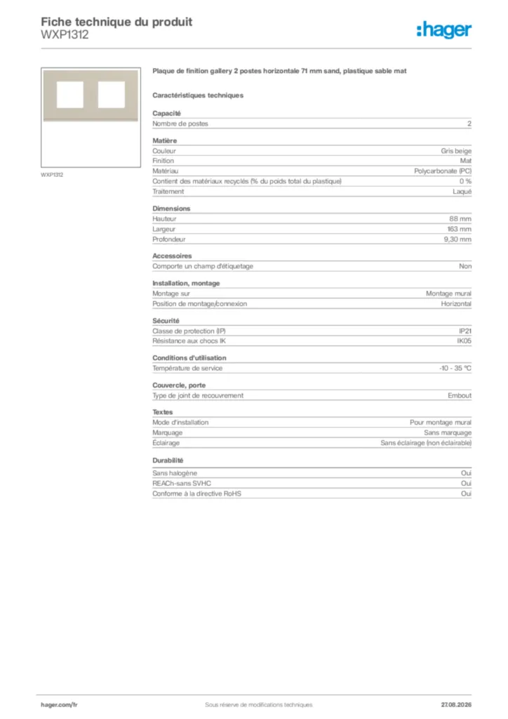 Image Hager Fiche technique du produit WXP1312 | Hager France