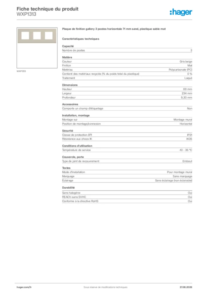 Image Hager Fiche technique du produit WXP1313 | Hager France