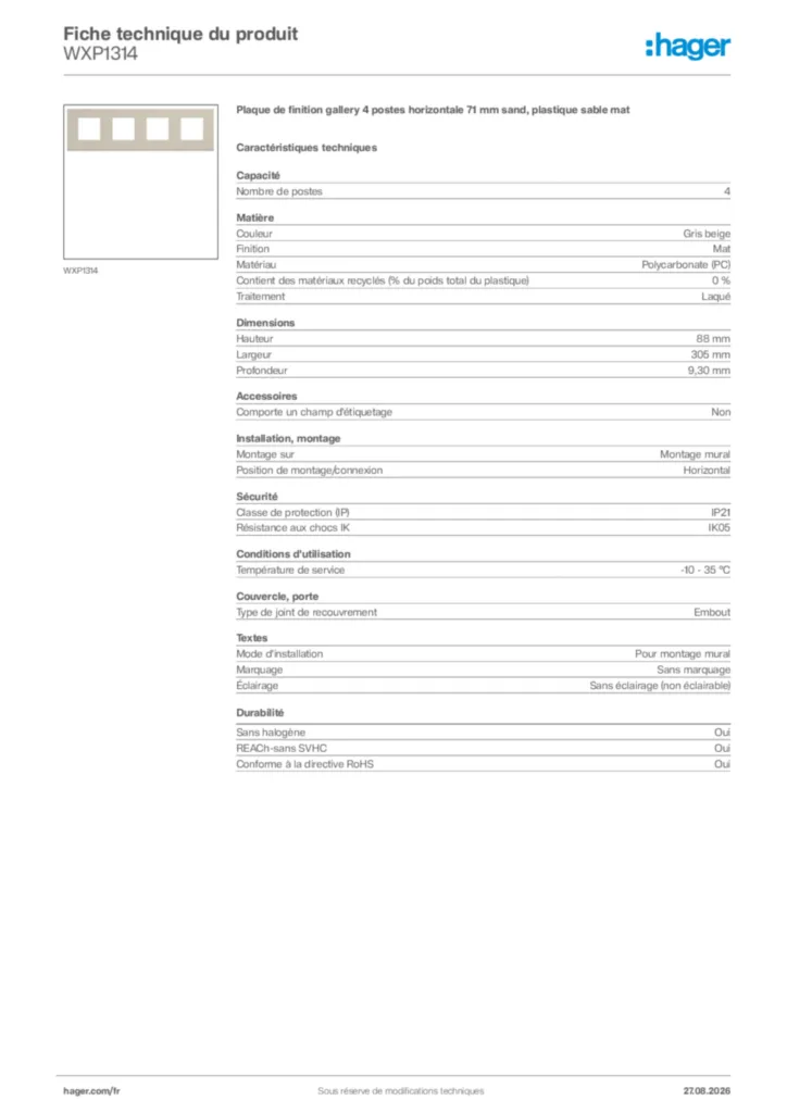 Image Hager Fiche technique du produit WXP1314 | Hager France