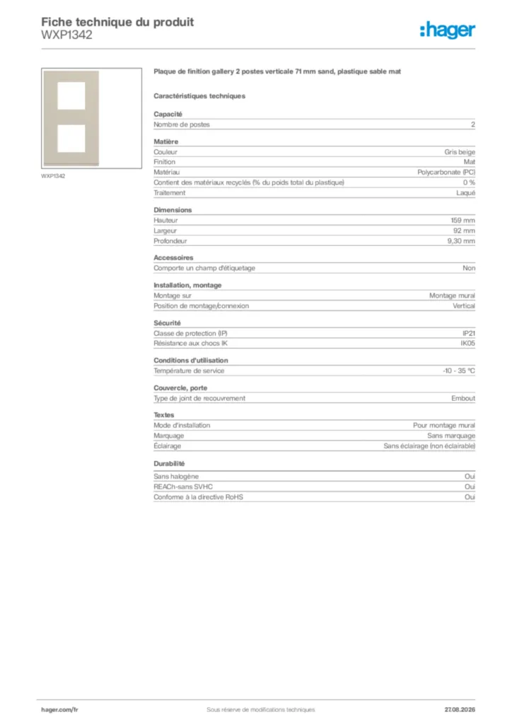 Image Hager Fiche technique du produit WXP1342 | Hager France