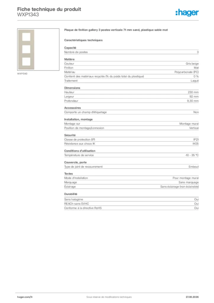 Image Hager Fiche technique du produit WXP1343 | Hager France