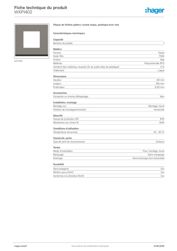 Image Hager Fiche technique du produit WXP1402 | Hager France