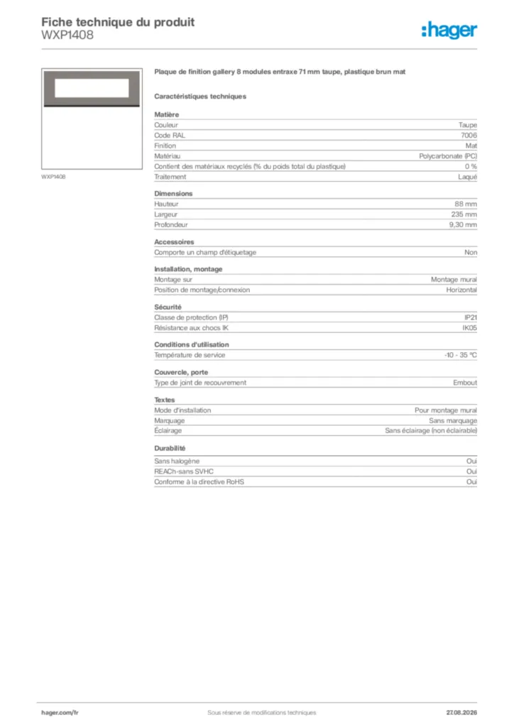 Image Hager Fiche technique du produit WXP1408 | Hager France
