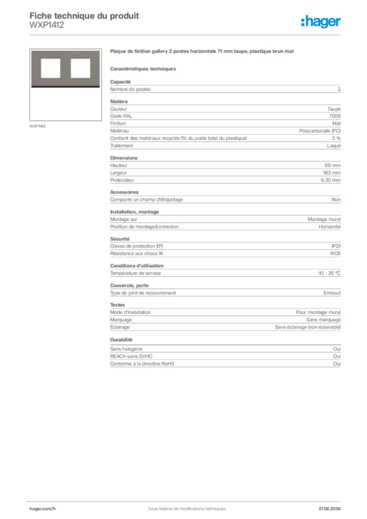 Image Hager Fiche technique du produit WXP1412 | Hager France