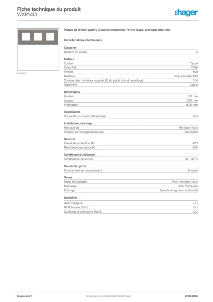 Image Hager Fiche technique du produit WXP1413 | Hager France