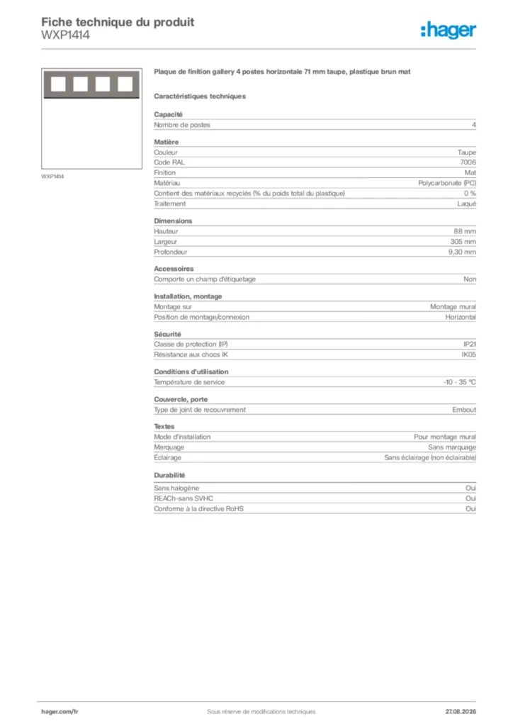 Image Hager Fiche technique du produit WXP1414 | Hager France