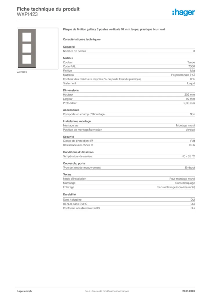 Image Hager Fiche technique du produit WXP1423 | Hager France