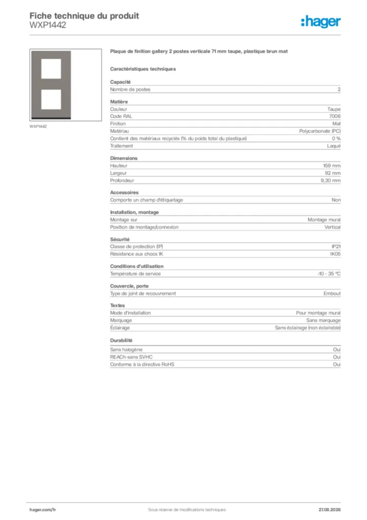 Image Hager Fiche technique du produit WXP1442 | Hager France