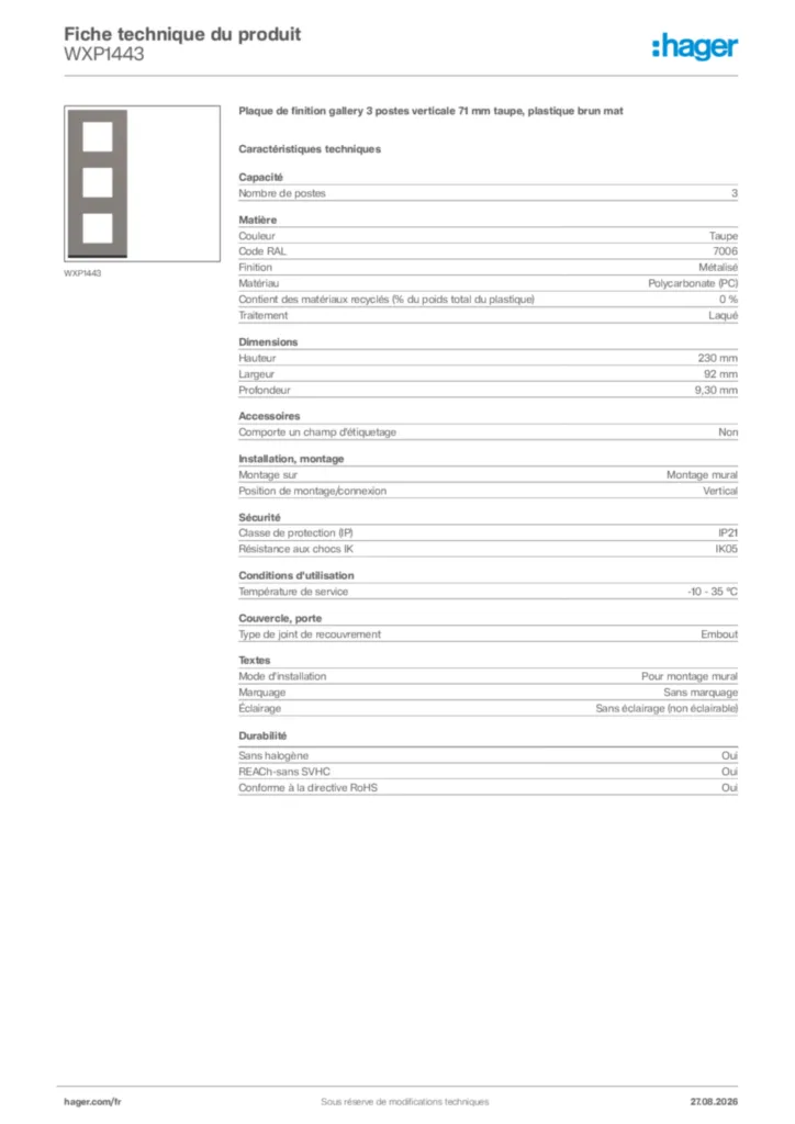 Image Hager Fiche technique du produit WXP1443 | Hager France