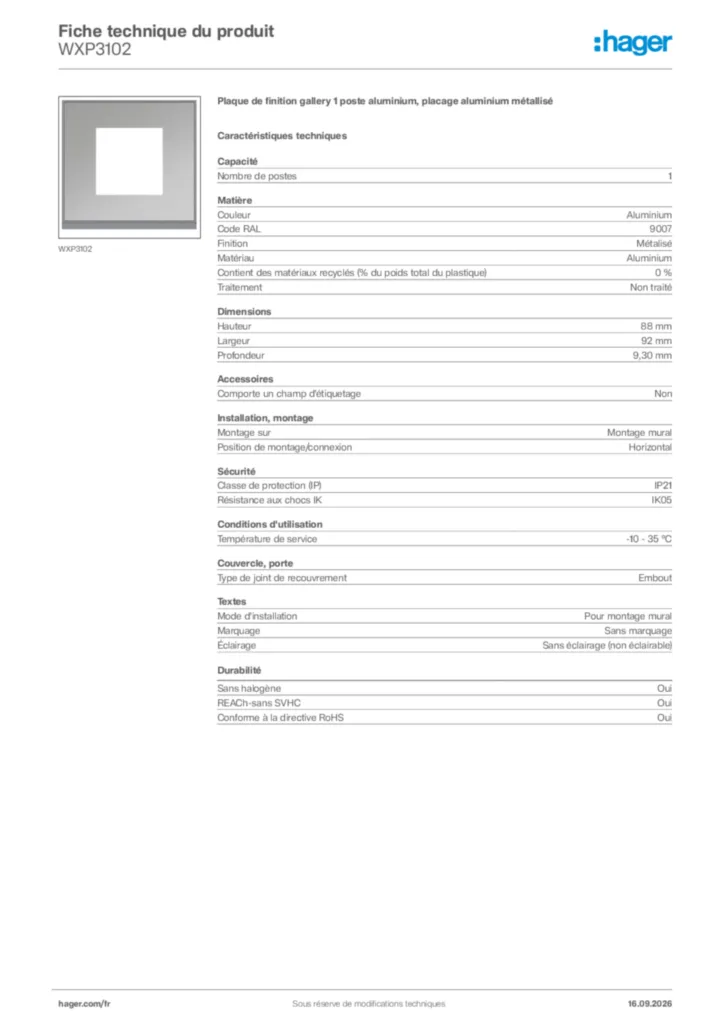 Image Hager Fiche technique du produit WXP3102 | Hager France