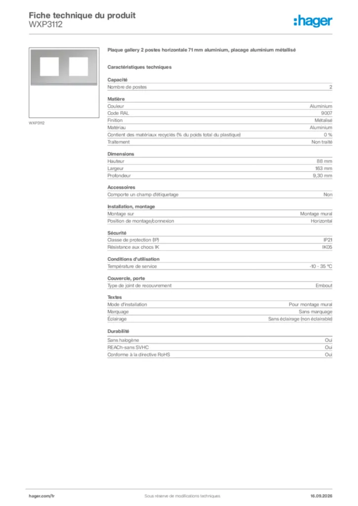 Image Hager Fiche technique du produit WXP3112 | Hager France