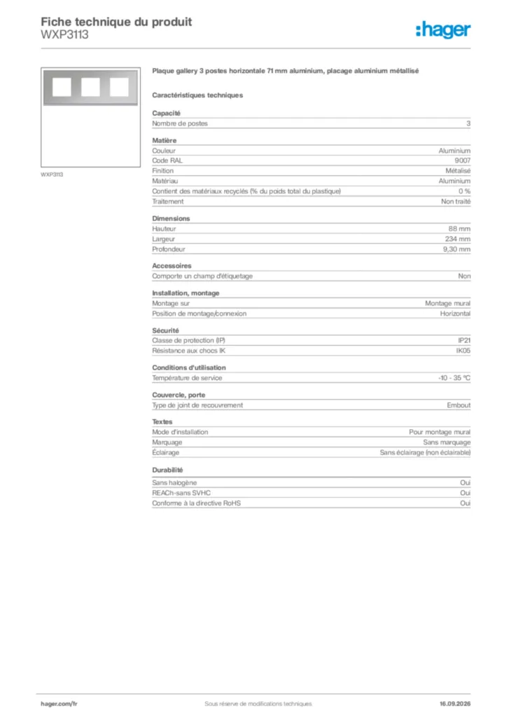 Image Hager Fiche technique du produit WXP3113 | Hager France