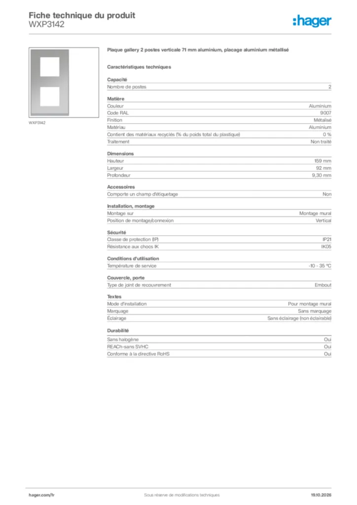 Image Hager Fiche technique du produit WXP3142 | Hager France