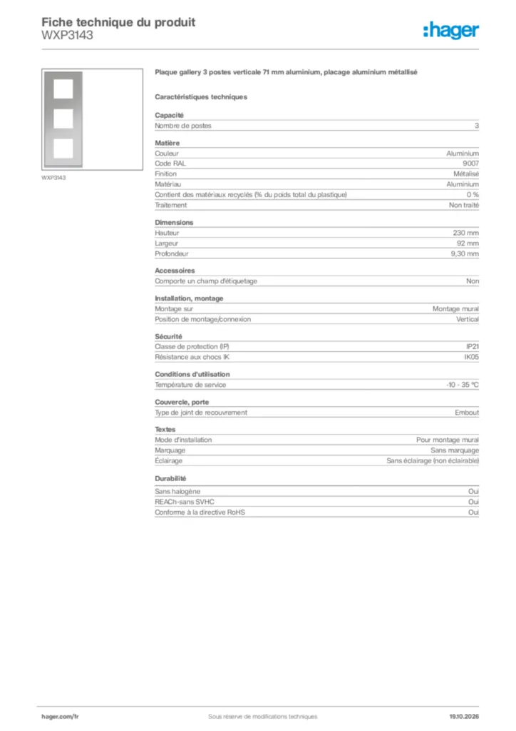 Image Hager Fiche technique du produit WXP3143 | Hager France
