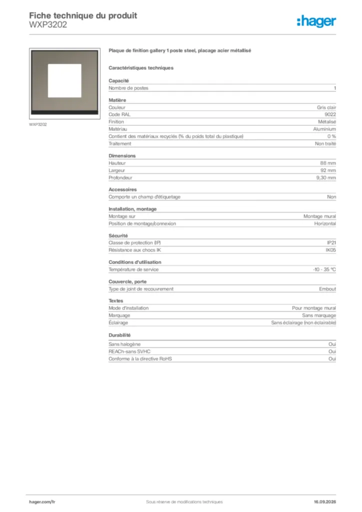 Image Hager Fiche technique du produit WXP3202 | Hager France