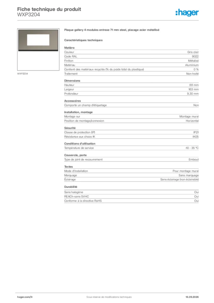 Image Hager Fiche technique du produit WXP3204 | Hager France