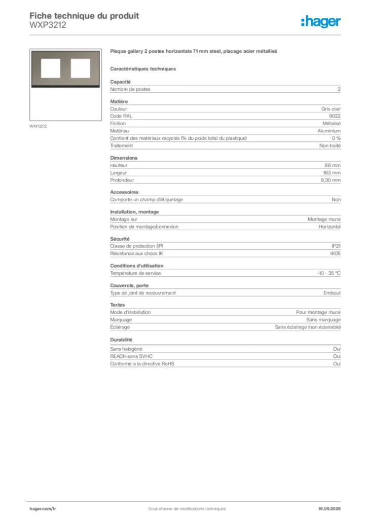 Image Hager Fiche technique du produit WXP3212 | Hager France