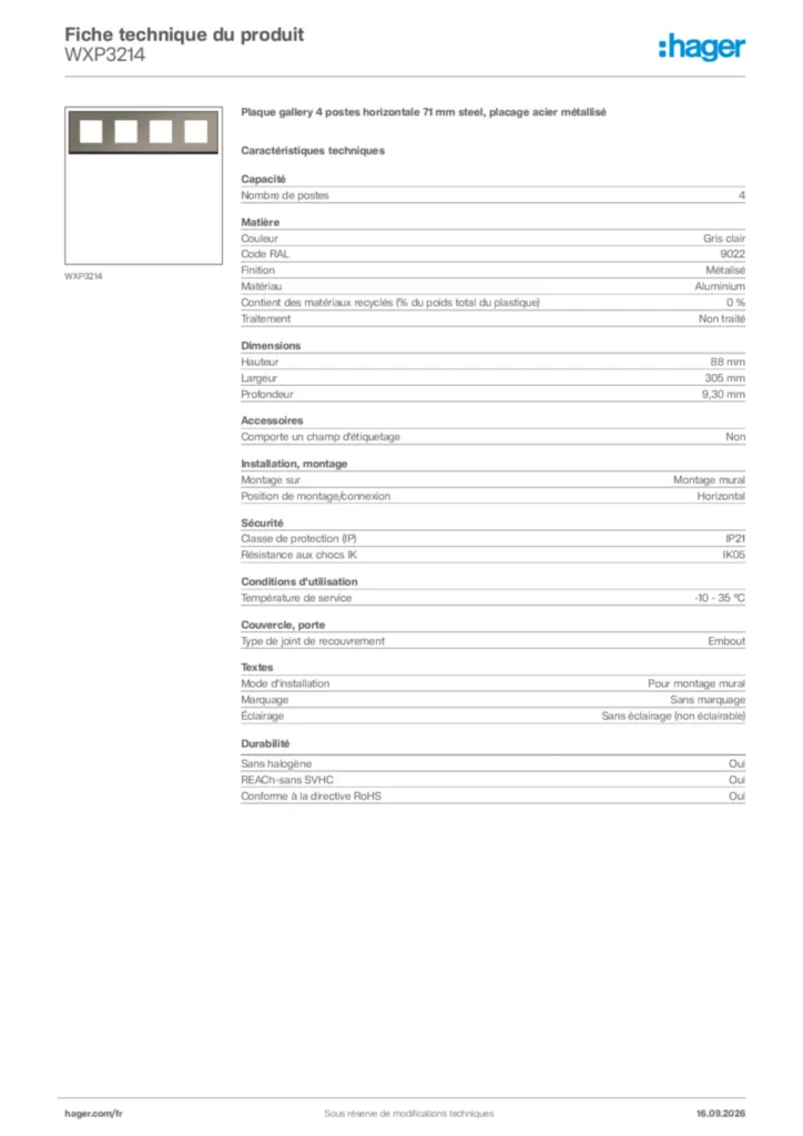 Image Hager Fiche technique du produit WXP3214 | Hager France